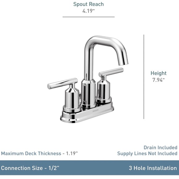 Moen Chrome Two-Handle Centerset High Arc Modern Faucet with Drain Assembly - Picture 4 of 6